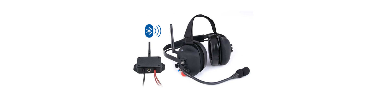 Bluetooth wireless headsets including cell‑phone compatible RW‑H52, wireless dual–talk intercom twin‑headsets, and conversion kits for BTH and helmet use