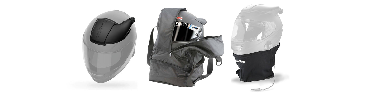 Helmet accessory and replacement parts—dust skirts, visors, mic mounts, D‑ring hardware, helmet bags, foam inlets, speaker foam, anchor hardware, and velcro skirt replacements.