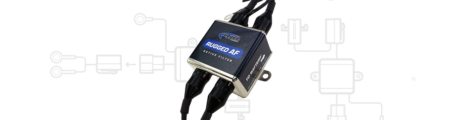 Off‑road intercom parts and accessories including active audio filters, Bluetooth interface, rocker switches, power cables, weather guards, and ground straps