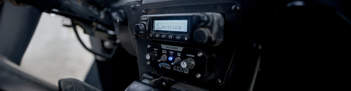 Off‑road race communication kits—including Race Series M1 radio, RRP6100 intercom, and driver/co‑driver PTT buttons