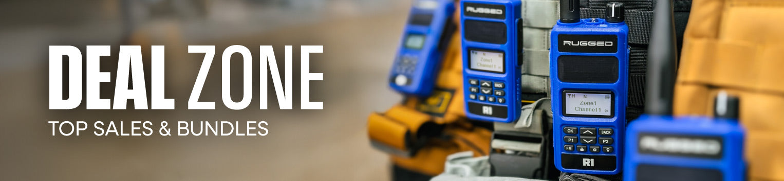 Rugged Radios current promotional bundles and flash‑sale accessory deals including handheld radio 2‑packs, adventure packs, GO BAG kits, Headset storage bags, and discounts on emergency radios