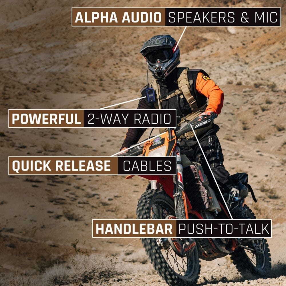 Kit MOTO MAX con Radio walkie talkie, audífonos y micrófono para casco, arnés y botón presiona para transmitir en manillar (PTT) ESP By Rugged Radios