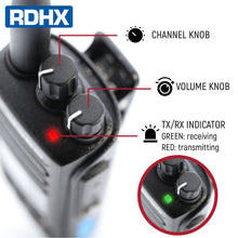Load image into Gallery viewer, RDHX waterproof handheld radio with easy to use channel knob, volume control, and trasmit and receive indicator light