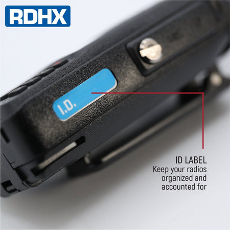 RDHX waterproof handheld radio with ID label to identify and keep track of each radio